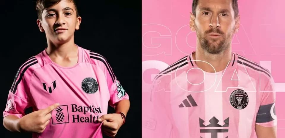 Young player and Lionel Messi in Inter Miami jerseys