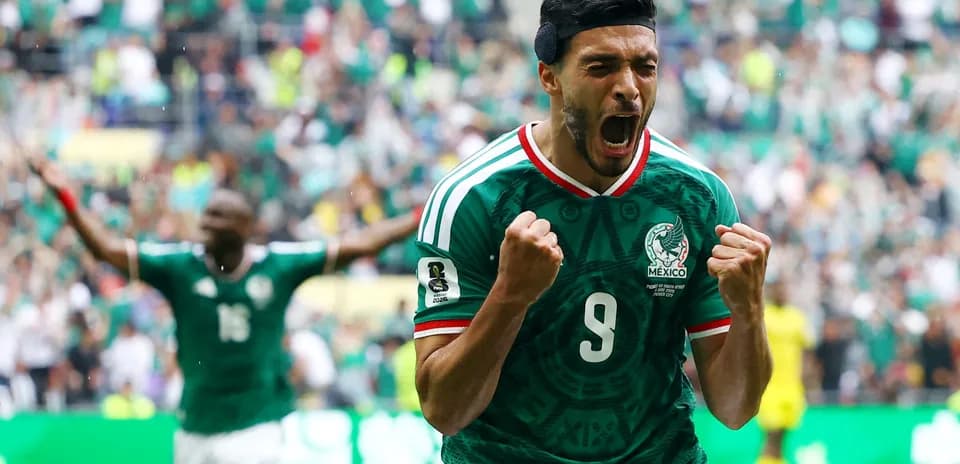 Raul Jimenez celebrating a goal for Mexico