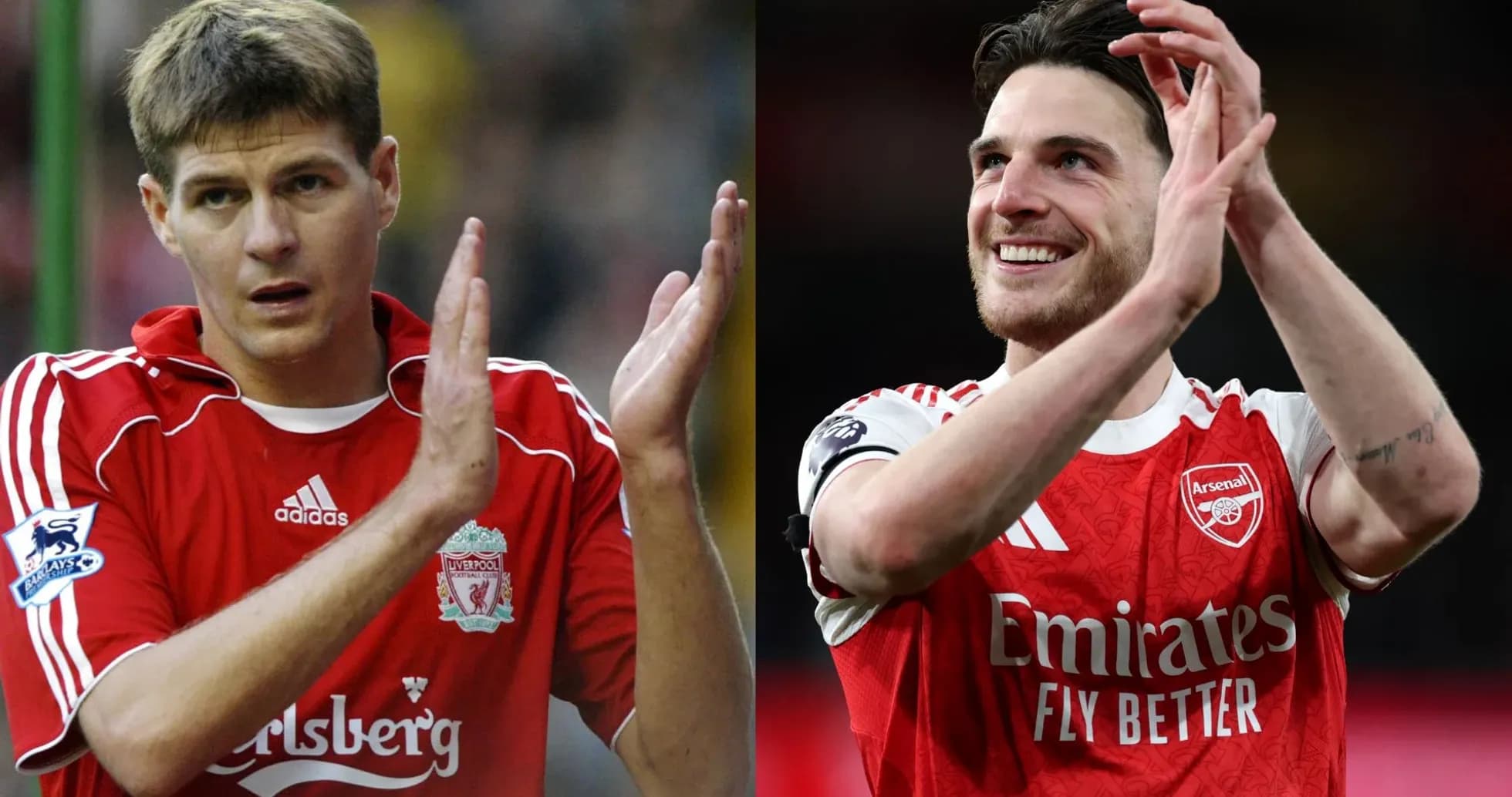 Two football players applauding fans, one in Liverpool kit, one in Arsenal kit