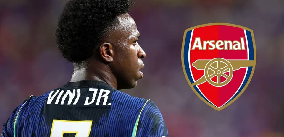 Player Vini Jr. with Arsenal logo in background