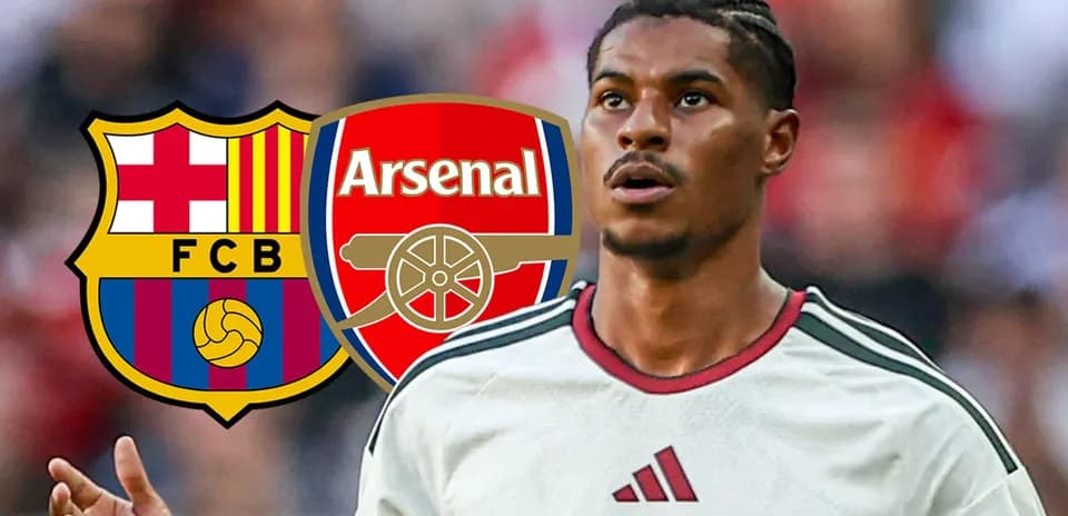 Player in kit with Barcelona and Arsenal logos overlay