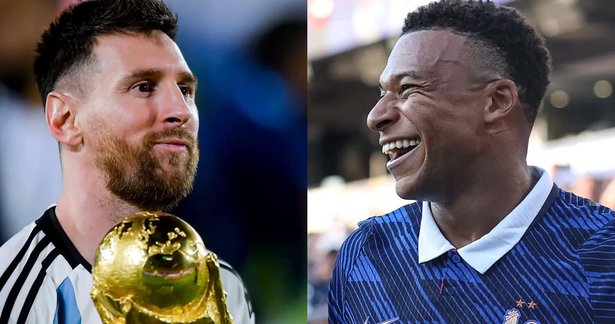 Lionel Messi holding World Cup trophy, Kylian Mbappe smiling