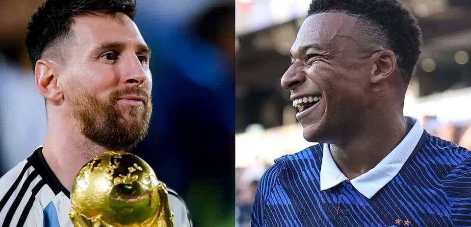 Lionel Messi holding World Cup trophy, Kylian Mbappe smiling
