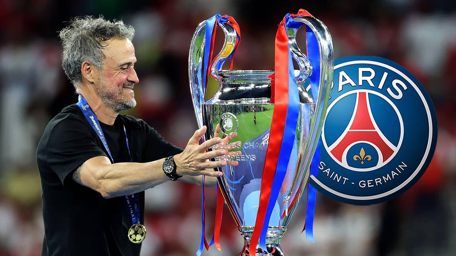 Coach holding UEFA Champions League trophy with ribbons