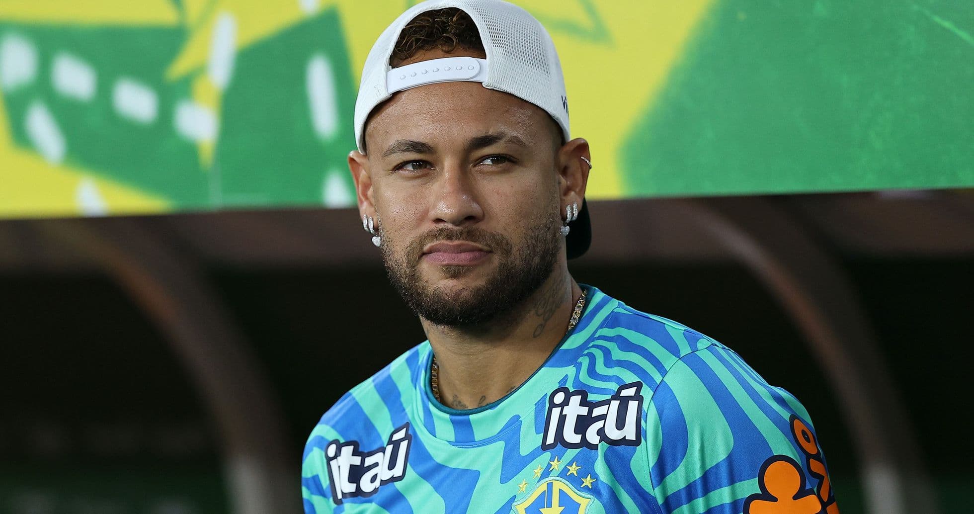 Player wearing Brazil jersey during press event