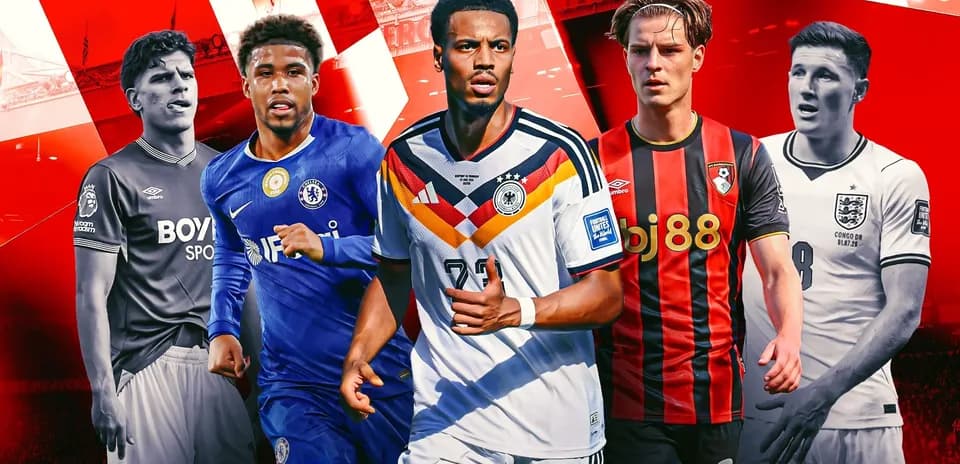 Five soccer players in team kits against a red background