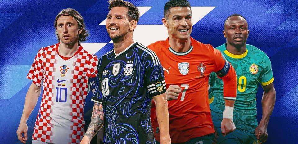 Four famous football players in national jerseys