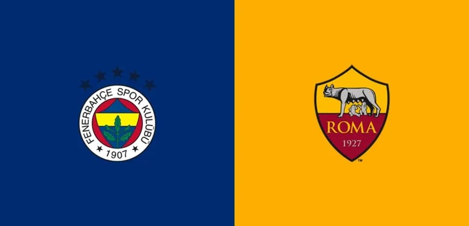 Logos of Fenerbahçe and AS Roma on colored background