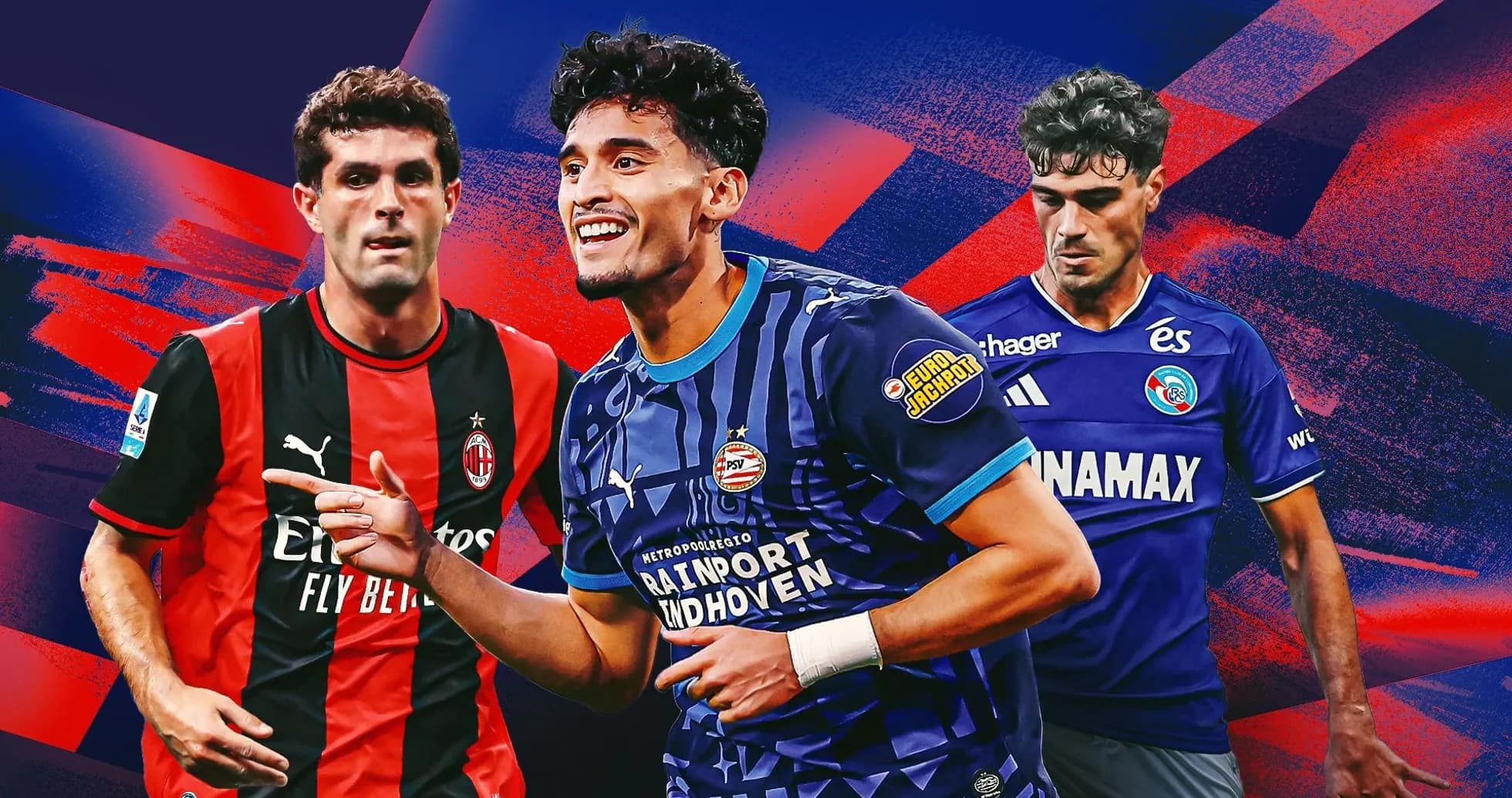 Three soccer players in team jerseys against colorful background