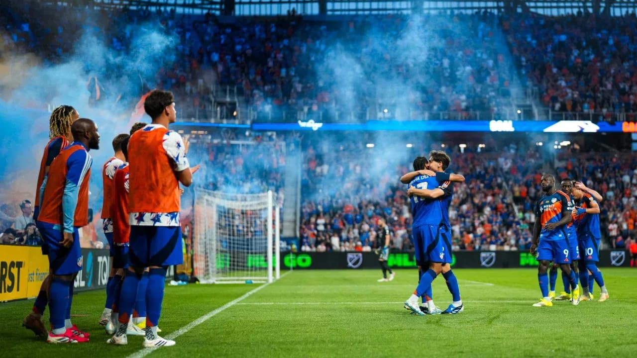 Players celebrating a goal during FC Cincinnati match
