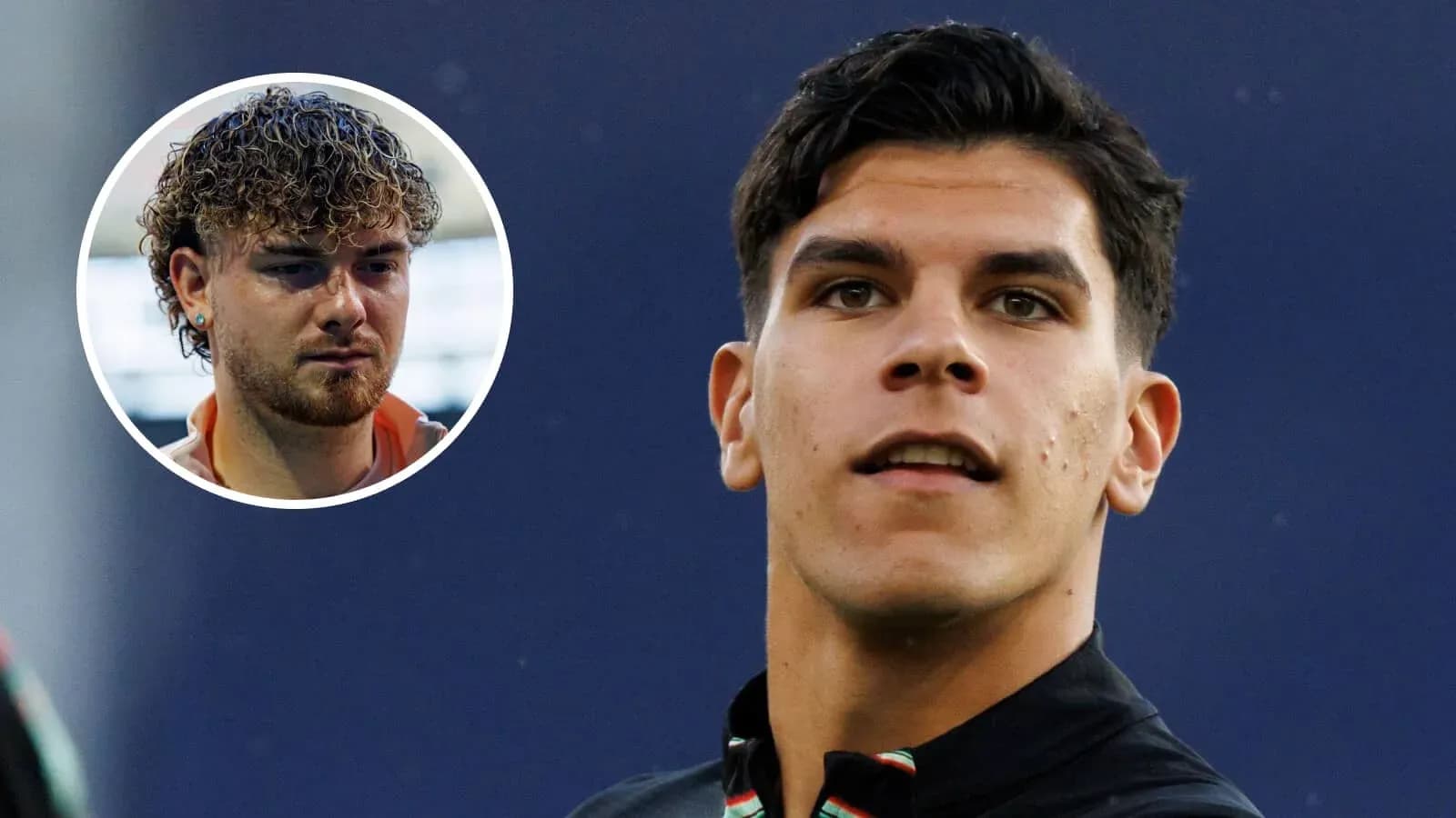 Two soccer players, one in a training session
