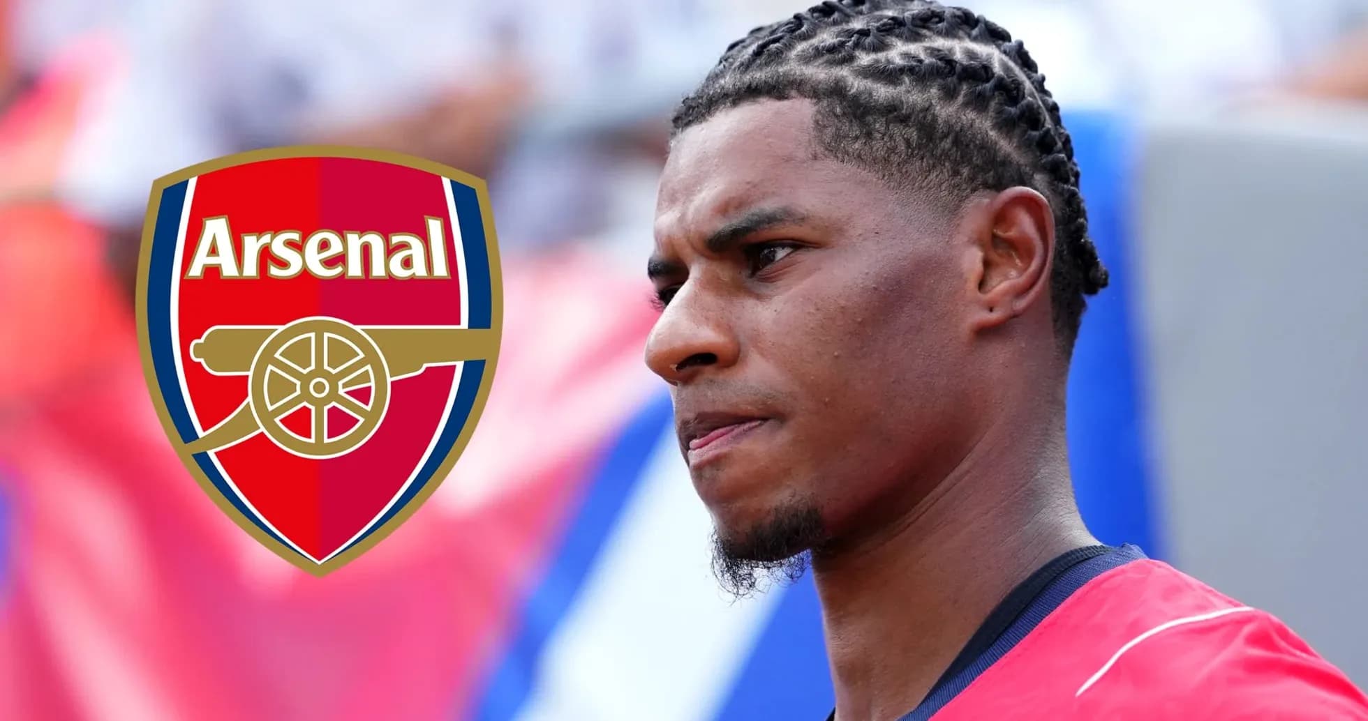 Player in red jersey with Arsenal logo in background