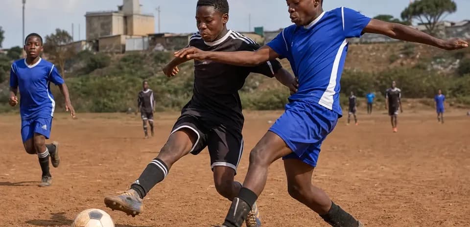 Two players competing for the ball on dirt pitch