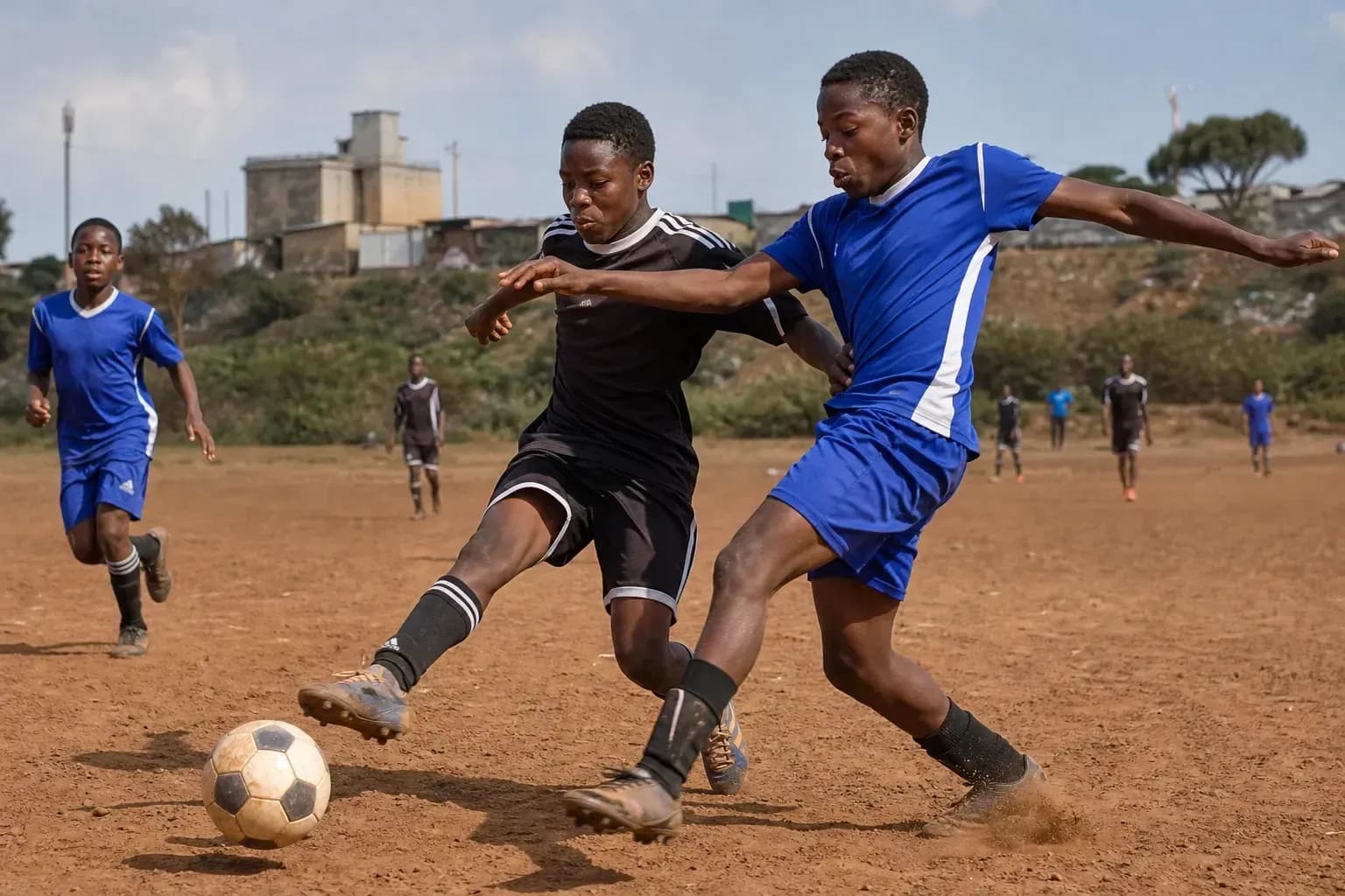 Two players competing for the ball on dirt pitch