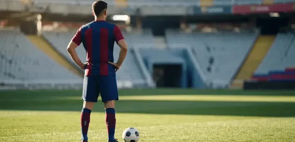 Player standing with hands on hips near soccer ball