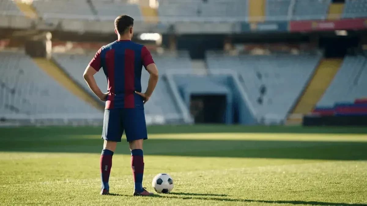 Player standing with hands on hips near soccer ball