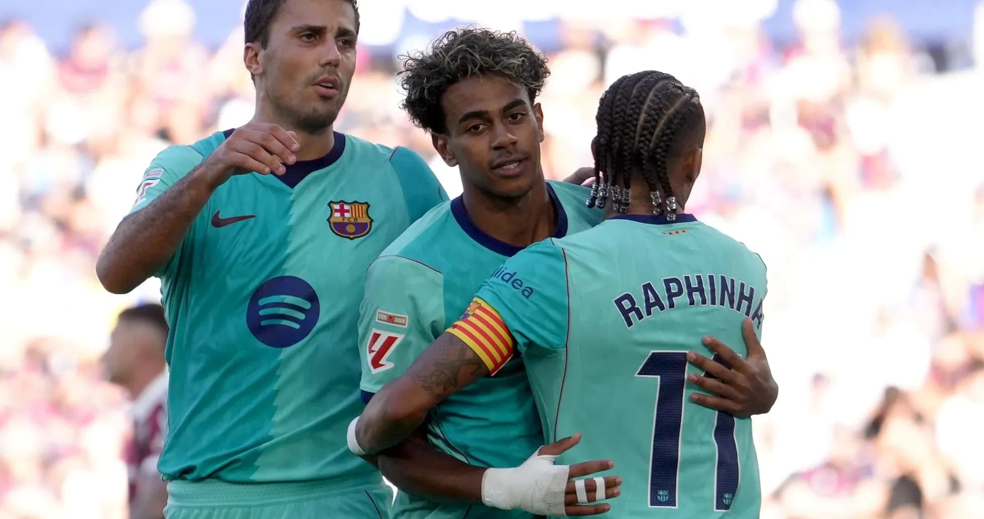 Barcelona players celebrating during La Liga match