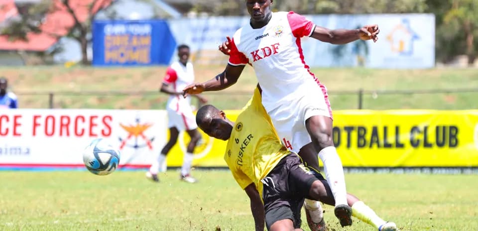 Player from Ulinzi Stars tackling Tusker player