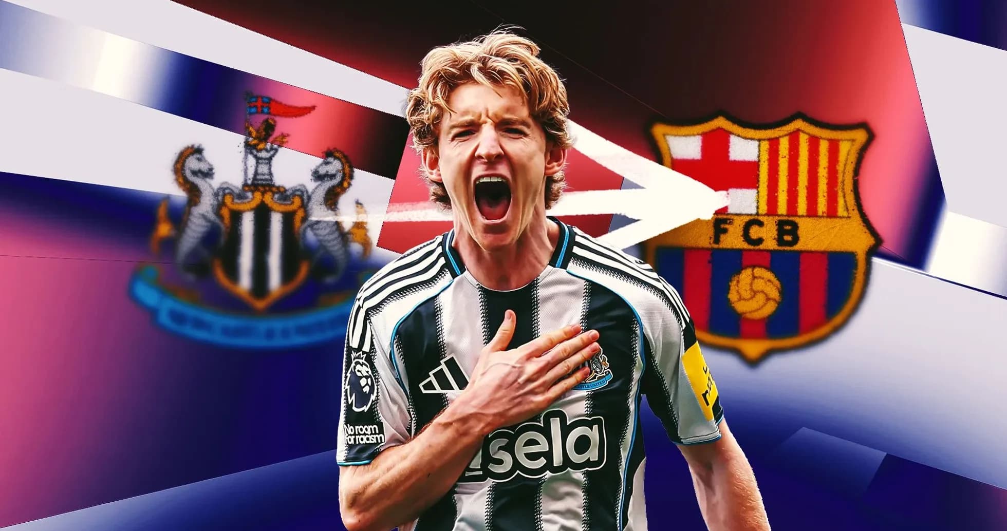 Player celebrating in Newcastle jersey with team logos