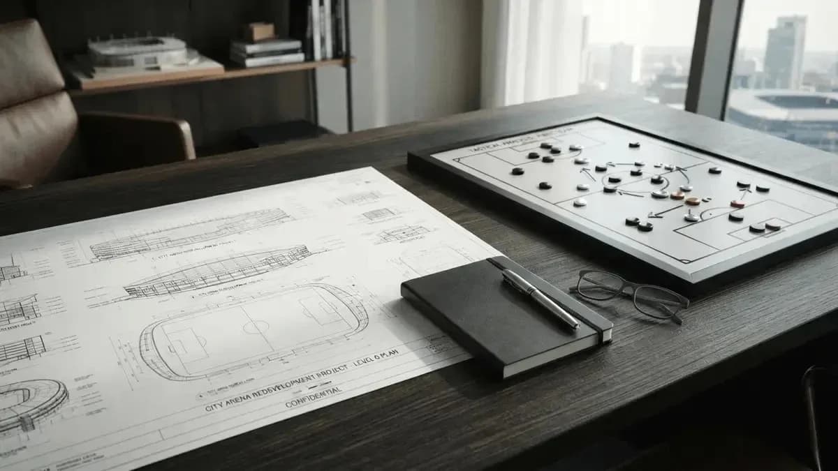 Tactical board and blueprints on a desk