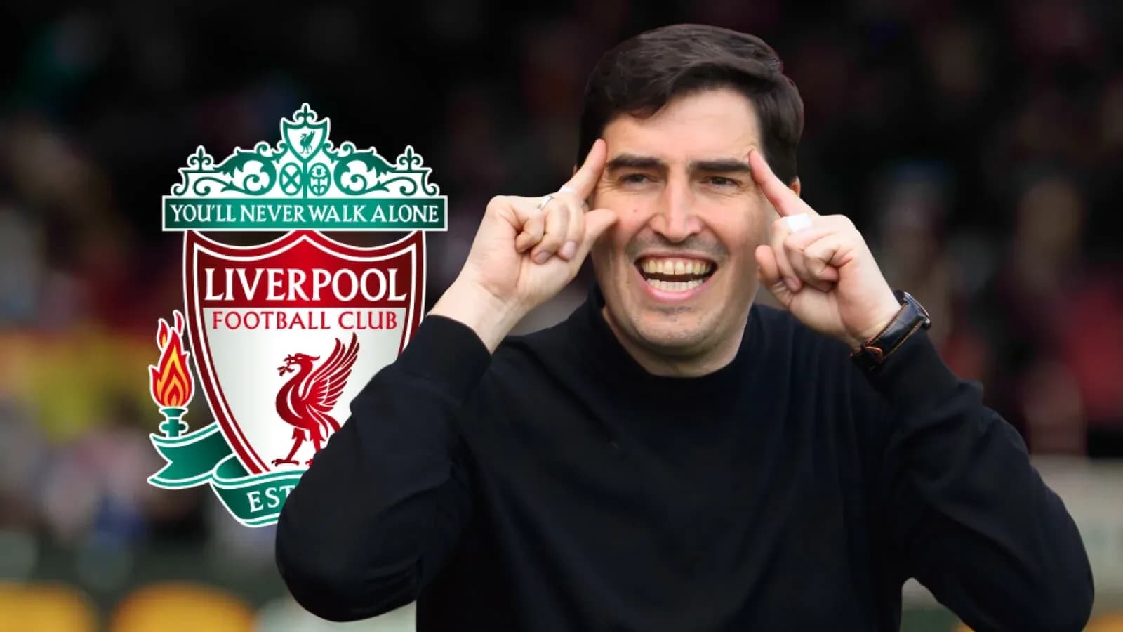Man gesturing with Liverpool FC logo in background