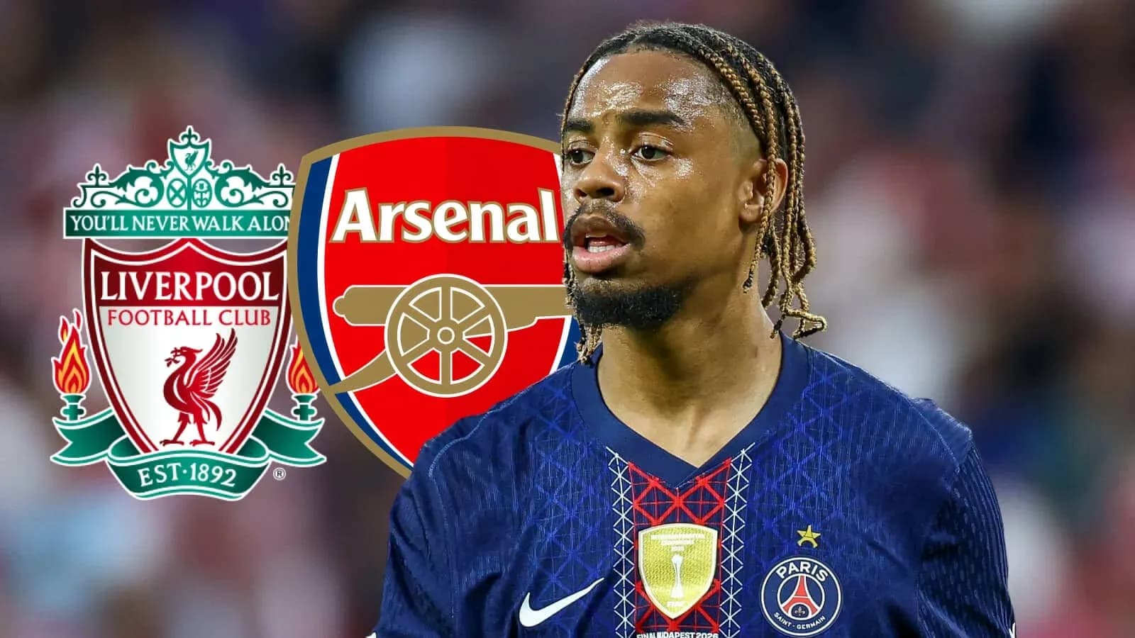 Football player with Liverpool and Arsenal logos behind