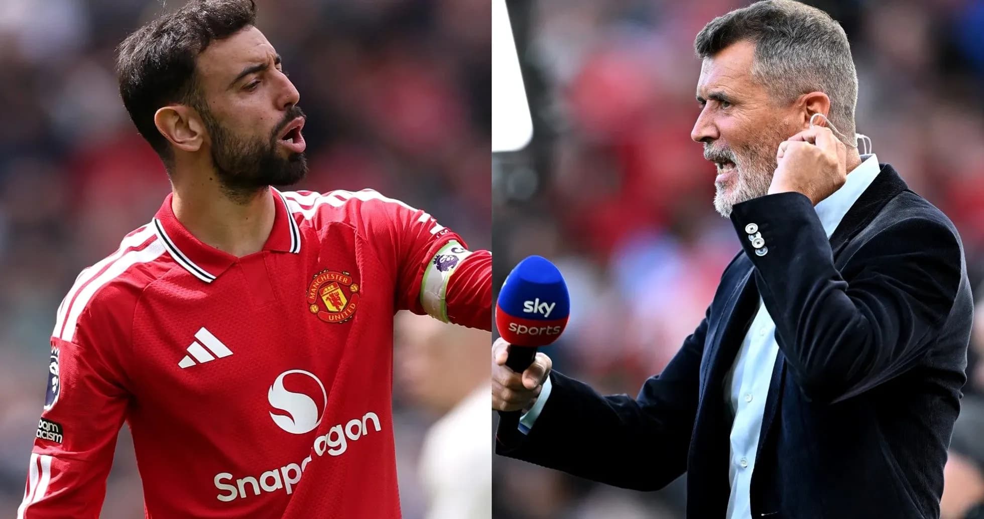 Bruno Fernandes and Roy Keane in split image