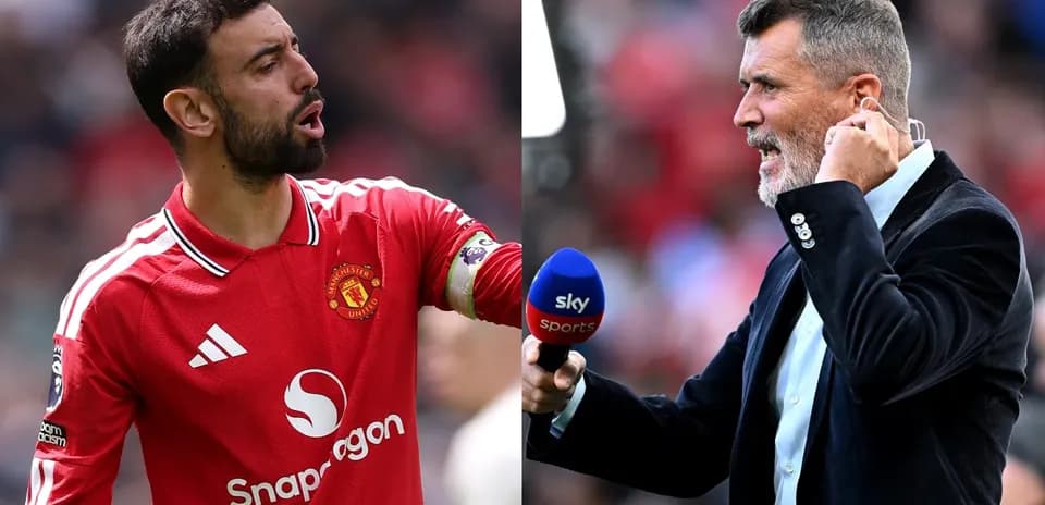 Bruno Fernandes and Roy Keane in split image