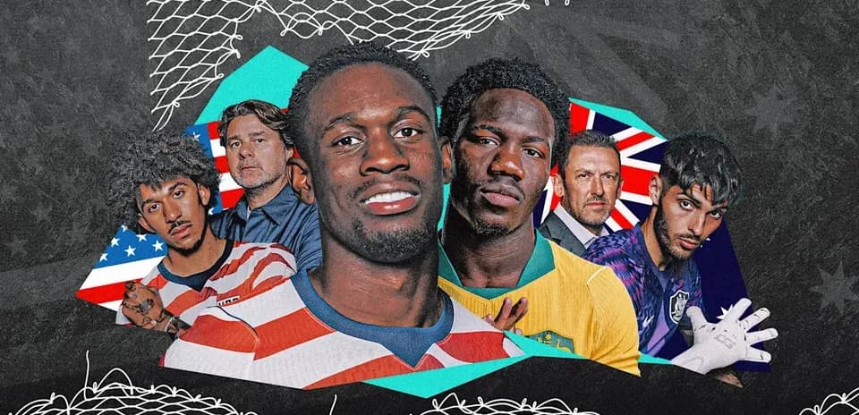 Collage of soccer players and coaches with national flags