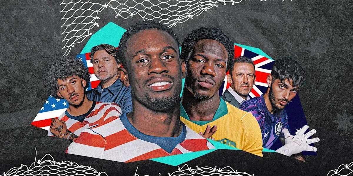Collage of soccer players and coaches with national flags