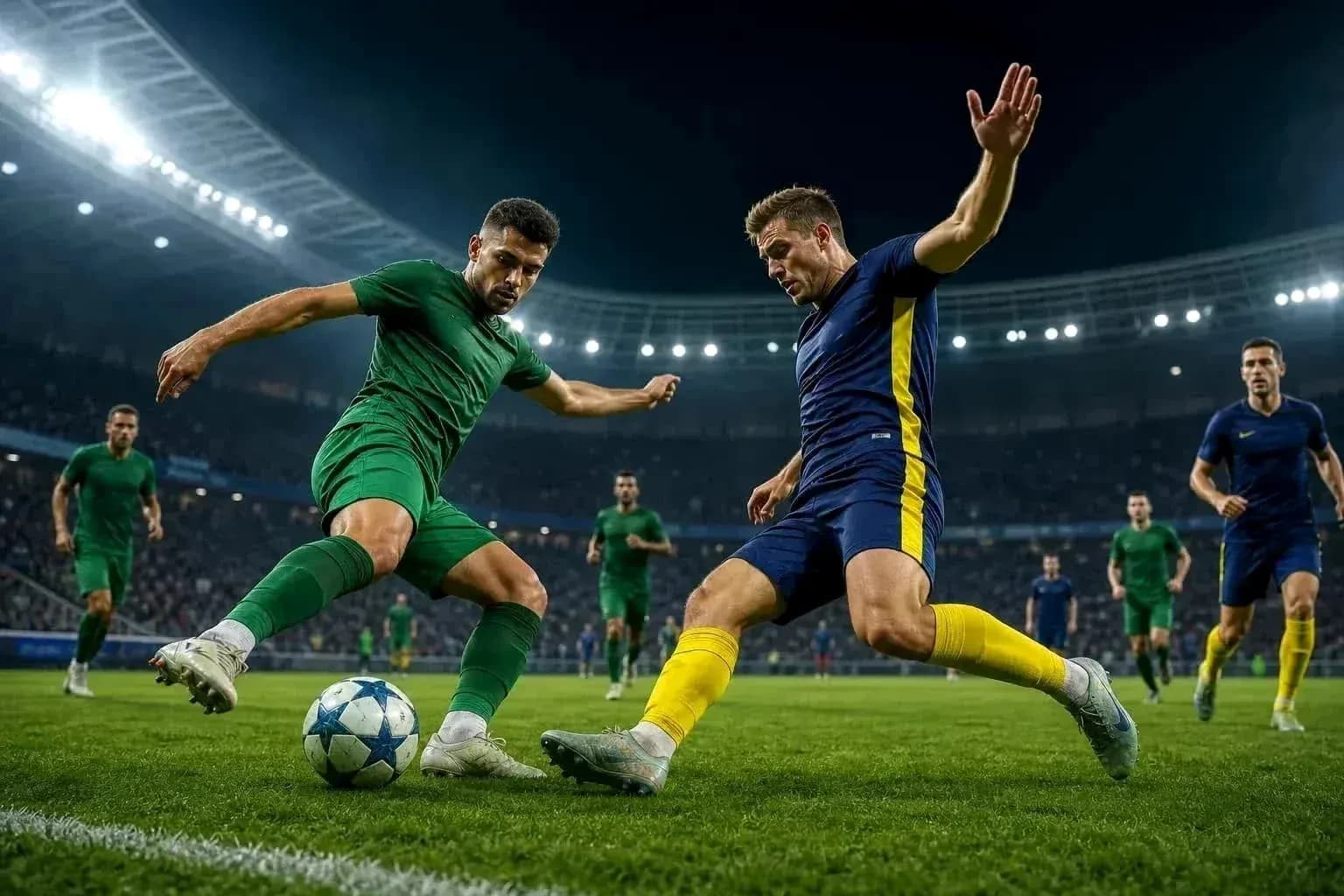 Players competing for the ball in UEFA match