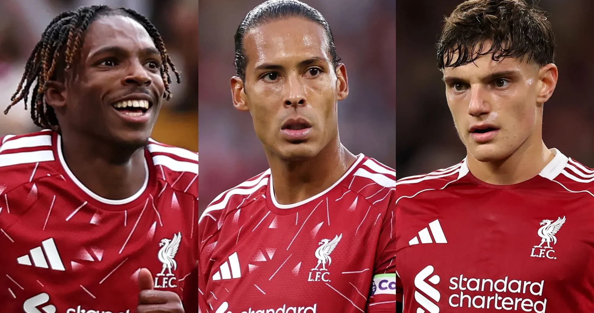 Three Liverpool players in red jerseys during match