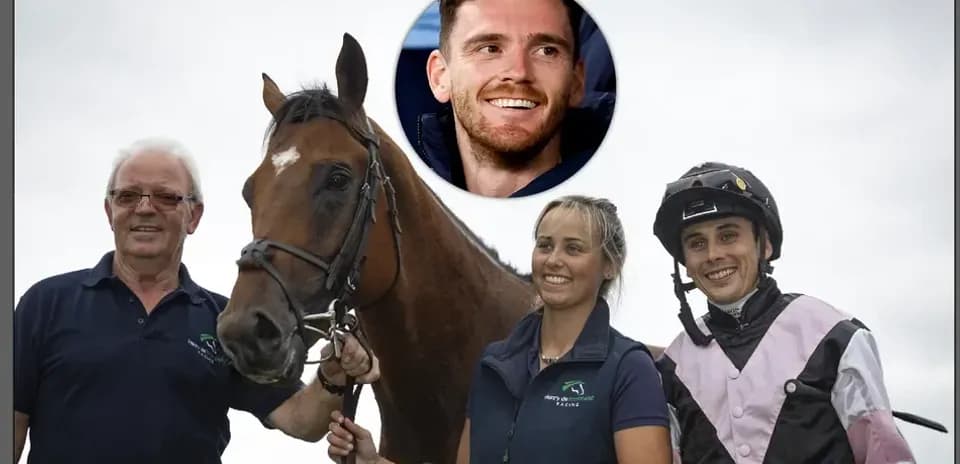 Trainer, jockey, and assistant with racehorse outdoors