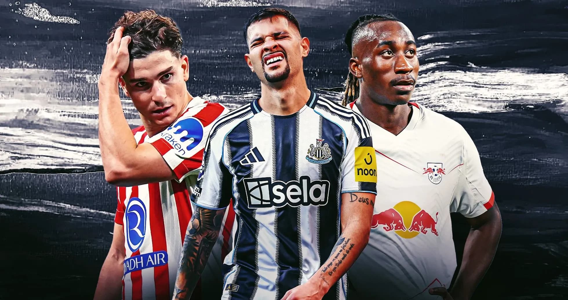 Three football players in club jerseys posed together