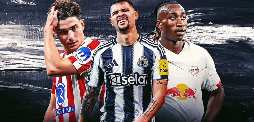 Three football players in club jerseys posed together