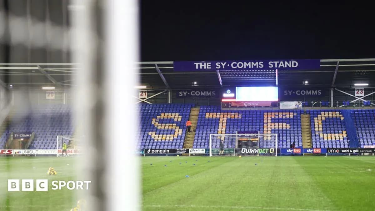 Shrewsbury Town stadium with SY-Comms Stand visible
