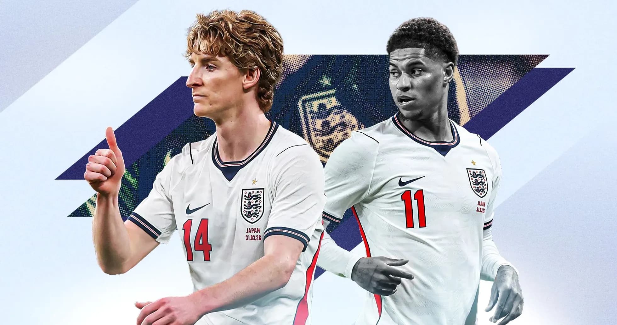 Two England players posing in national team kits