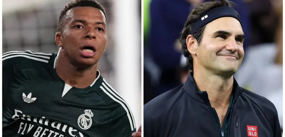Kylian Mbappé in football kit, Roger Federer smiling