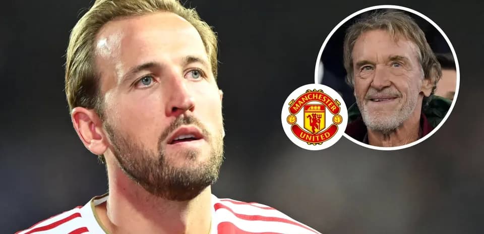 Harry Kane with Manchester United logo and owner