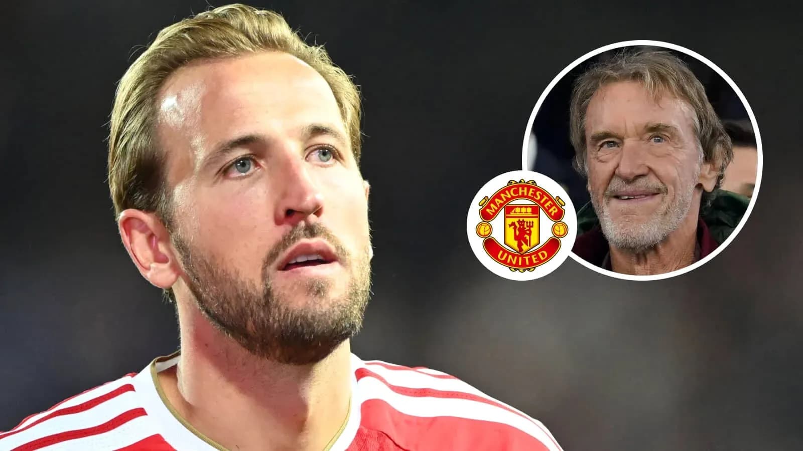 Harry Kane with Manchester United logo and owner