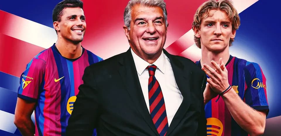 Barcelona players and president against a colorful background