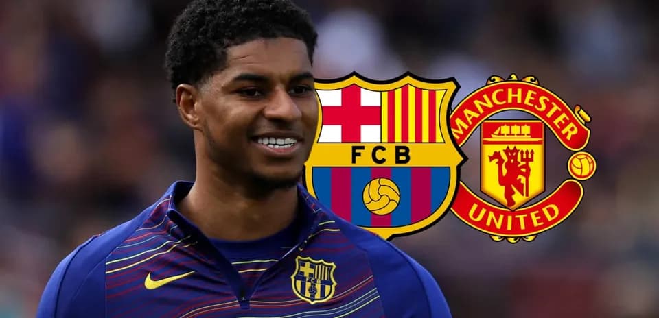 Player smiling with Barcelona and Manchester United logos