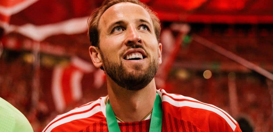 Player celebrating with medal in stadium
