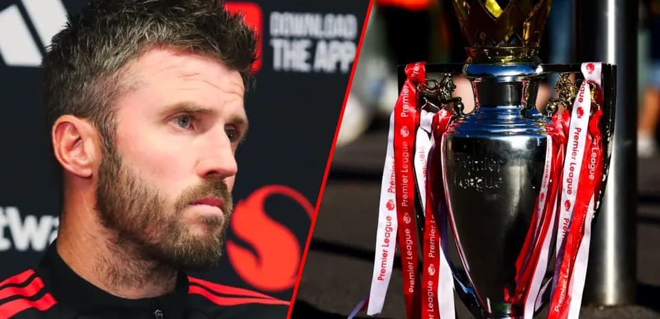 Player in interview next to Premier League trophy