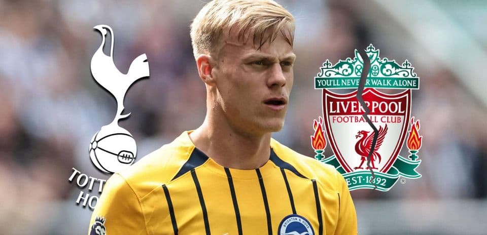 Player in Brighton jersey with Tottenham and Liverpool logos