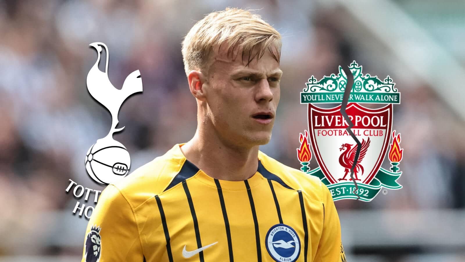 Player in Brighton jersey with Tottenham and Liverpool logos