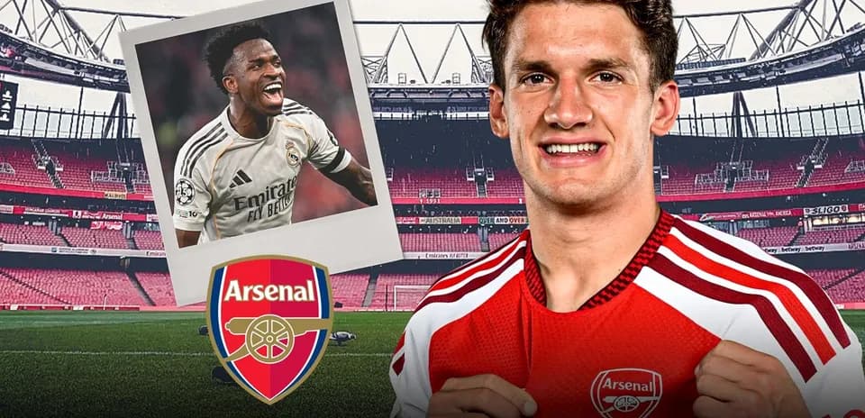 Player posing in Arsenal kit with stadium background