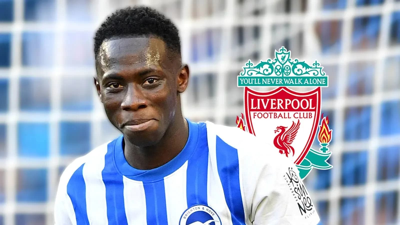 Football player smiling in Brighton kit with club logos