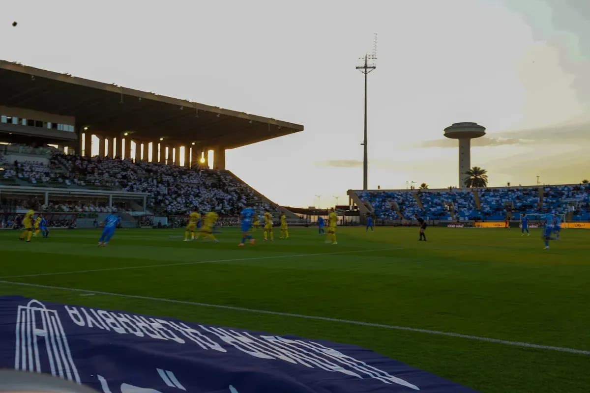 Players in blue and yellow competing during sunset match