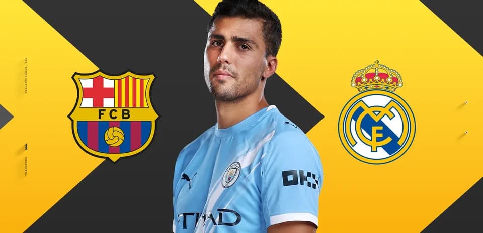 Player in Manchester City kit with Barcelona and Real Madrid logos